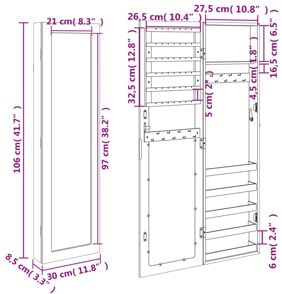 Móvel para joias de parede espelhado 30x8,5x106 cm branco