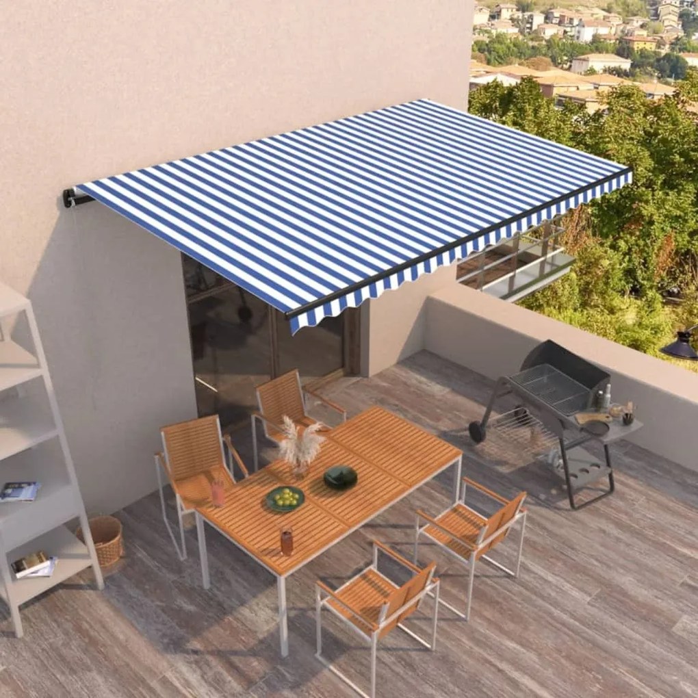 Toldo retrátil automático 500x350 cm azul e branco