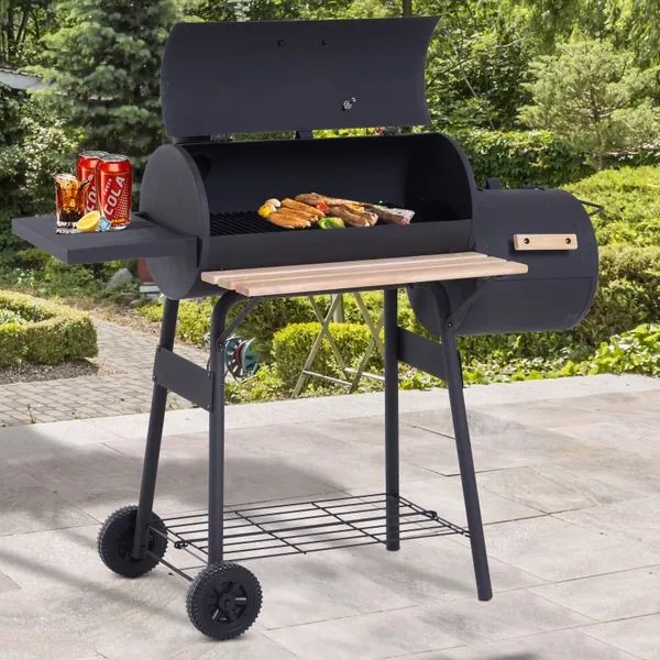 Outsunny Barbecue a Carvão 2 em 1 Defumador e Grelha Barbecue com Termómetro Rodas e Prateleiras para Ar Livre Campismo Exterior 124x53x104cm Preto