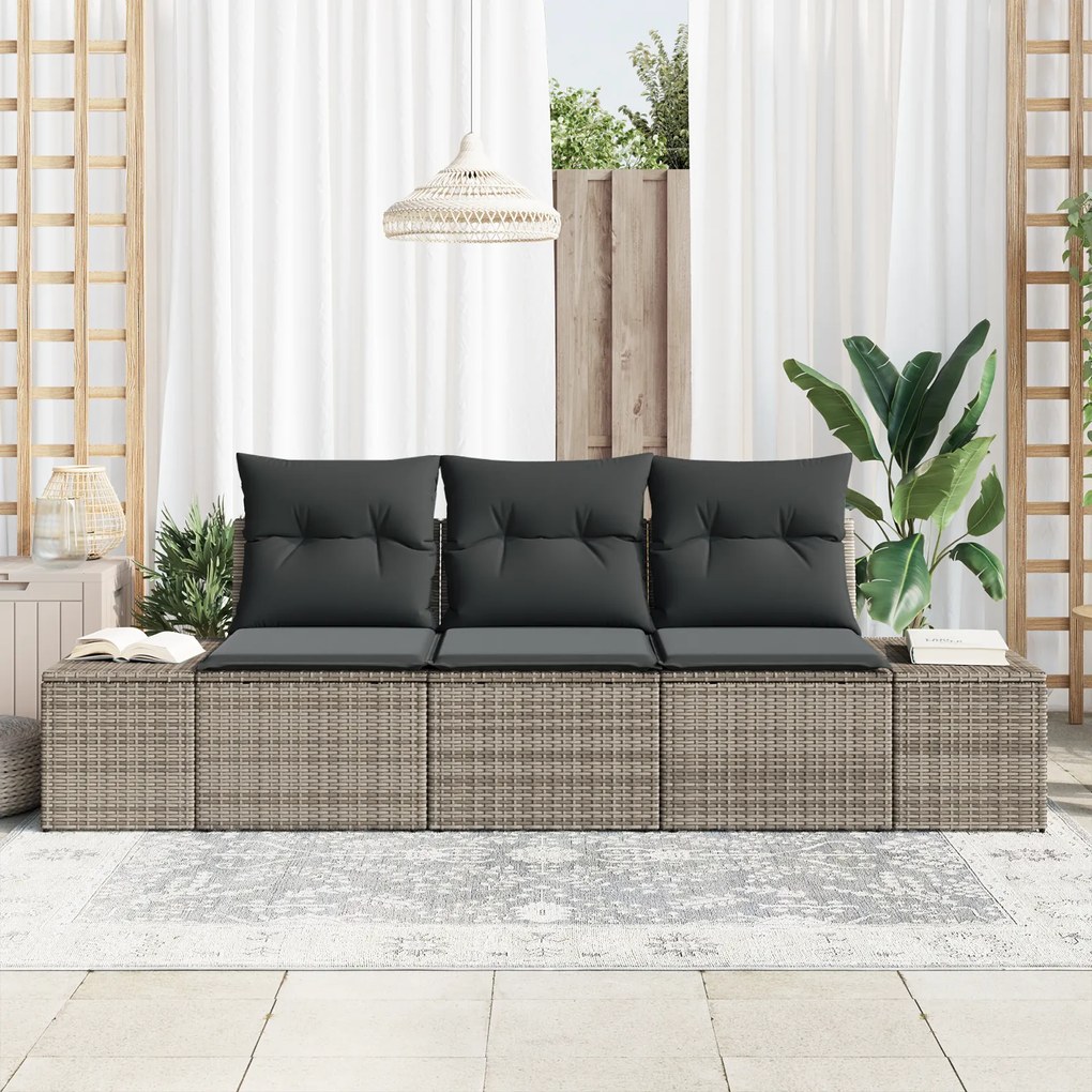 Conjunto de Sofás de Jardim de 3 Peças com Almofadas Cinza Polirattan