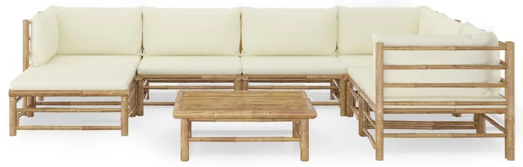 8 pcs conj. lounge p/ jardim em bambu c/ almofadões branco nata