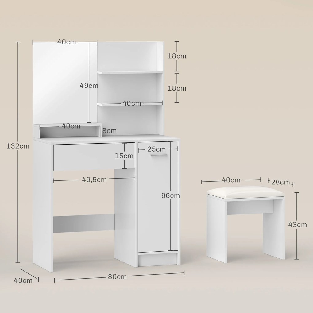 Conjunto de Toucador com Espelho e Banco, 80 x 40 x 132 cm, Grande Espaço de Arrumação, Branco