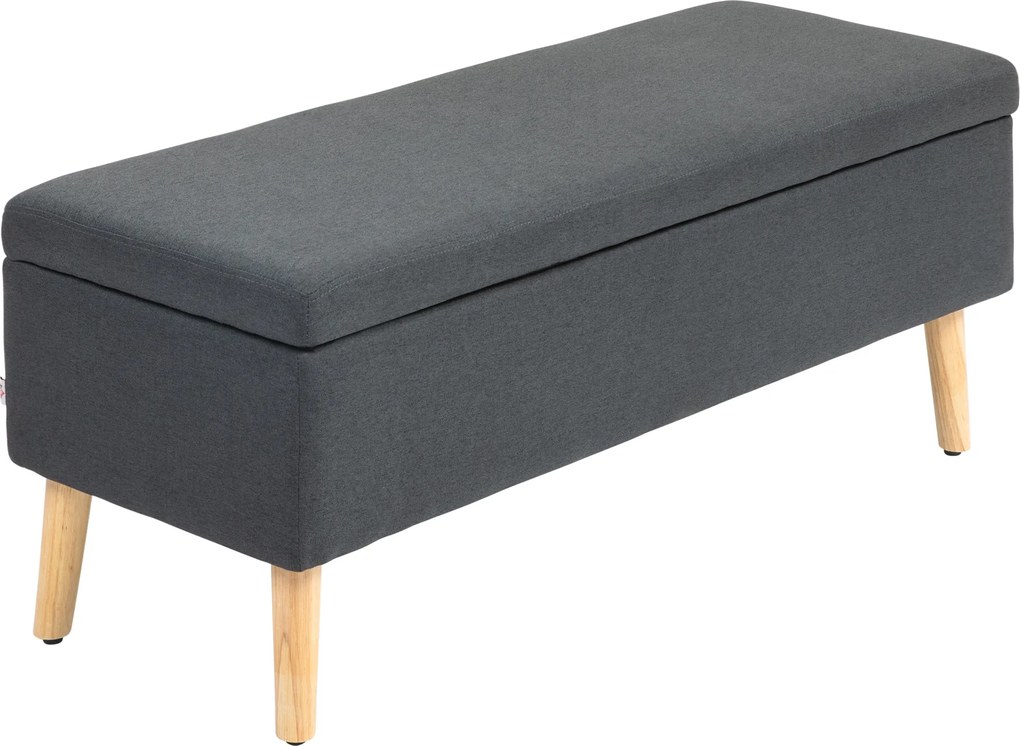 HOMCOM Banco estofado com arrumação, banco-cama com aparência de linho, madeira de seringueira, 110 x 39 x 45 cm, Cinza escuro | Aosom Portugal