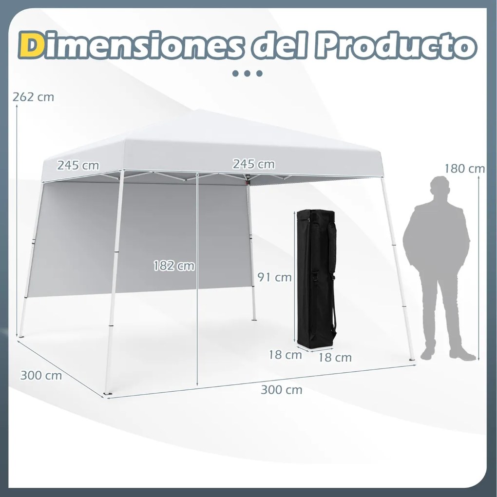 Tenda 300 x 300 cm Pop Up Dobrável com 1 Parede Lateral Com Saco, jardim, campismo, feiras, eventos com Estrutura Metálica Branca