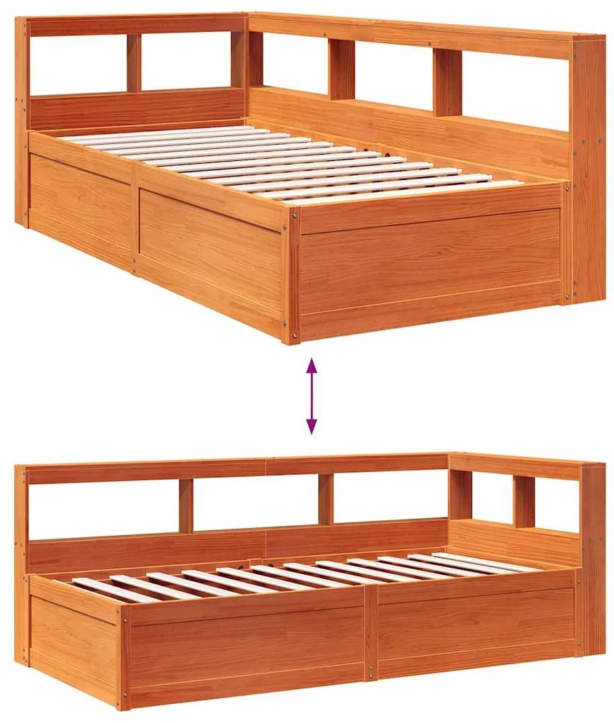 Cama com estante sem colchão 75x190cm pinho maciço castanho-mel