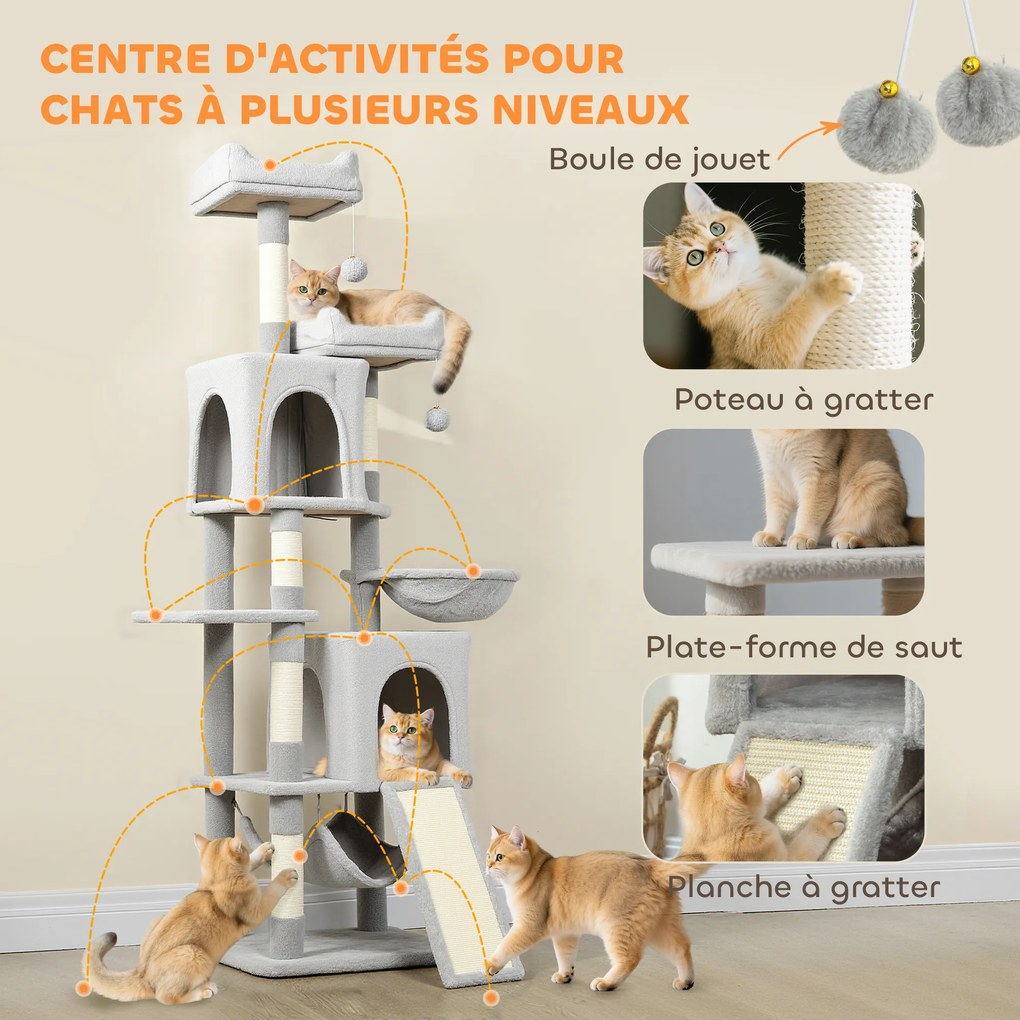 Arranhador para gatos com torre de brincadeiras: 3 plataformas, 2 compartimentos abertos, 2 camas, 2 redes e 1 escada; altura: 177 cm; cinzento claro