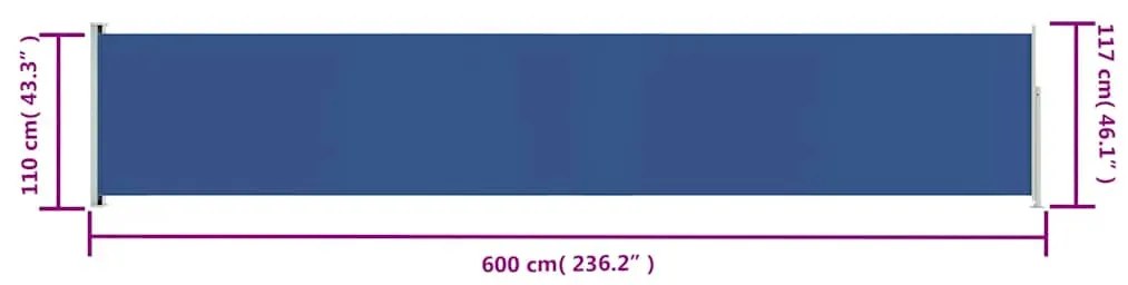 Toldo lateral retrátil para pátio 117x600 cm azul