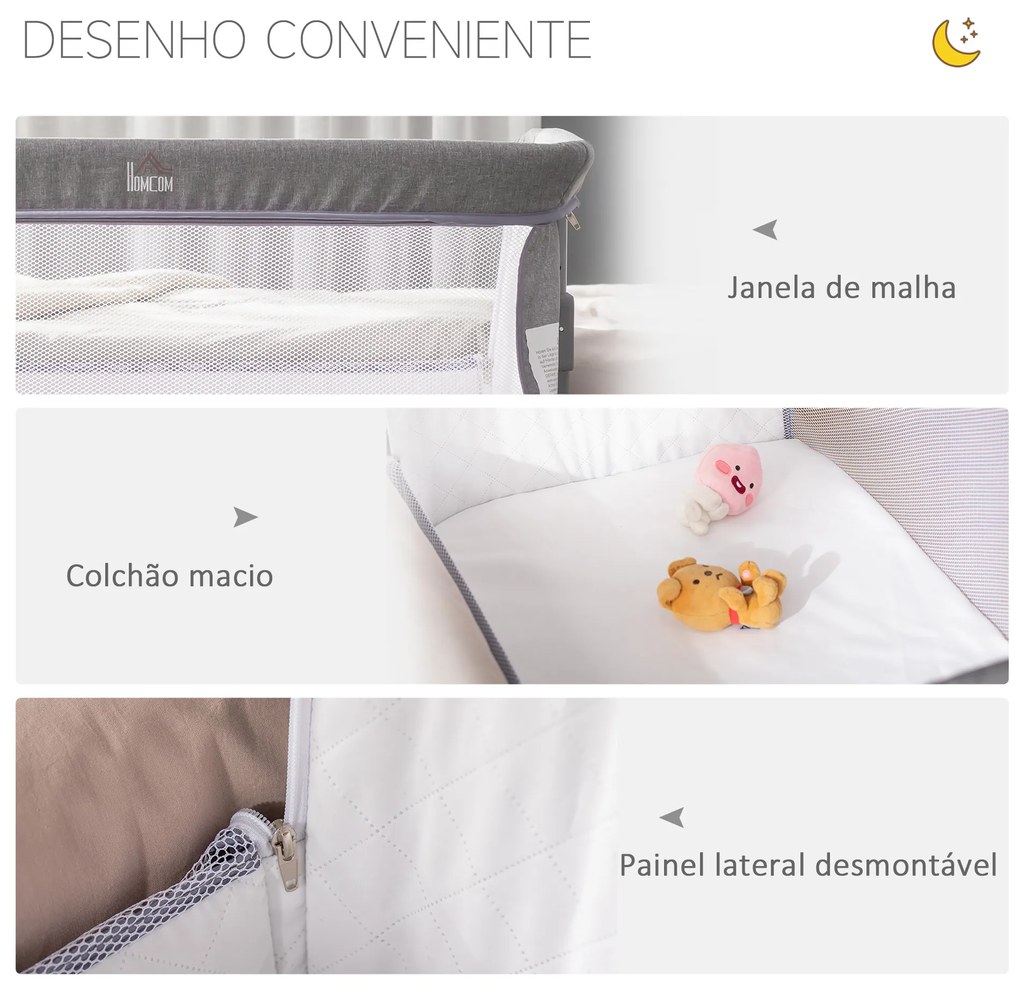 HOMCOM Berço de Bebé 2 em 1 Berço de Viagem Dobrável com Altura e Pés Ajustável em 5 Níveis Bolsa de Transporte até 9kg 86x50x83cm Cinza