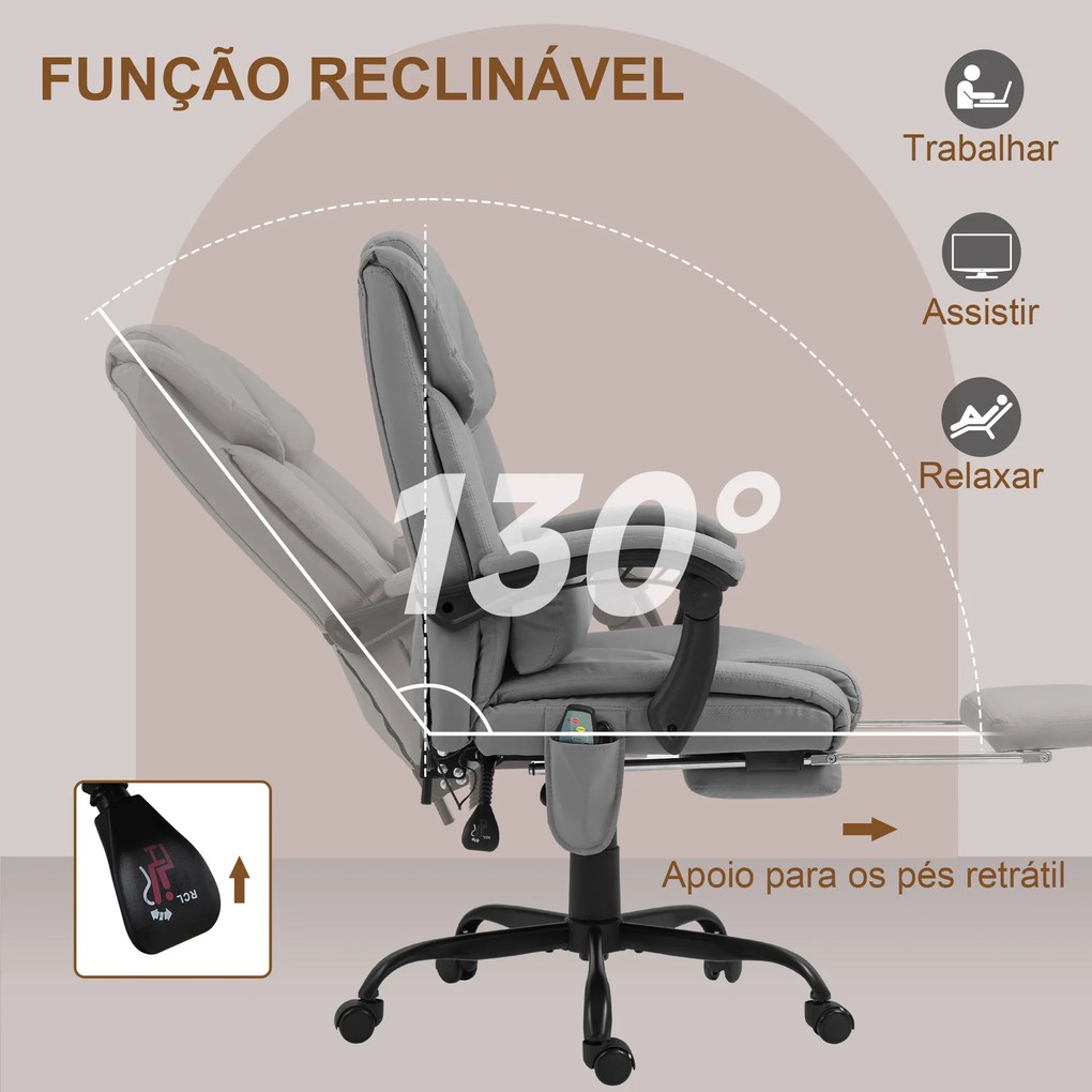 Cadeira de Escritório com Massagem de 6 Pontos Encosto Alto Reclinável Apoio para Pés e Controlo Remoto 66x75x112-122 cm Cinza