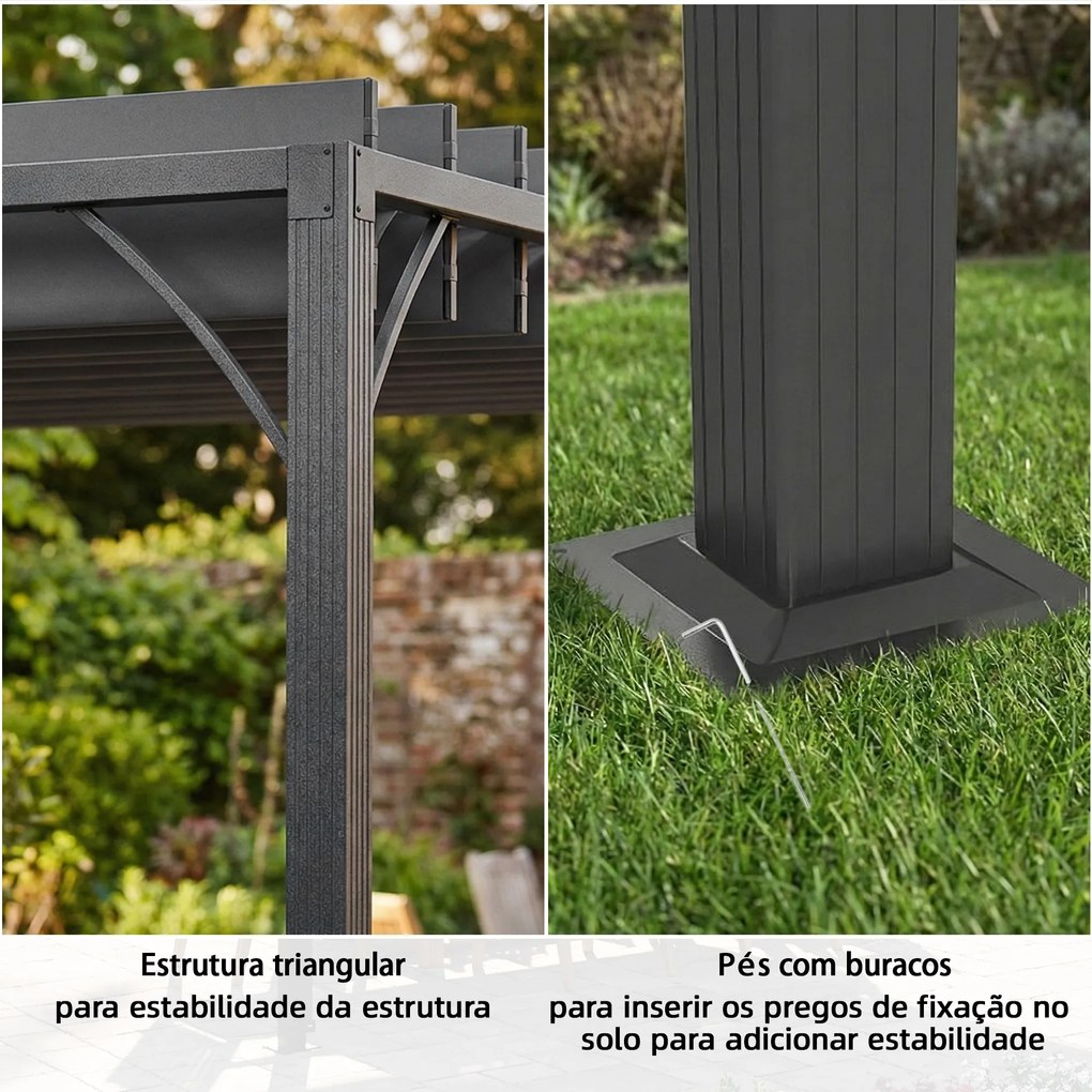 Pérgola 390x295x213 cm para Jardim com Desenho de Lâminas Superiores Giratórias até 135° Proteção UV 50+ Cinza