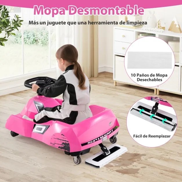 Kart elétrico para crianças 12V com esfregona removível, comando à distância de 3 velocidades, buzina, música, 79 x 46 x 37 cm, rosa