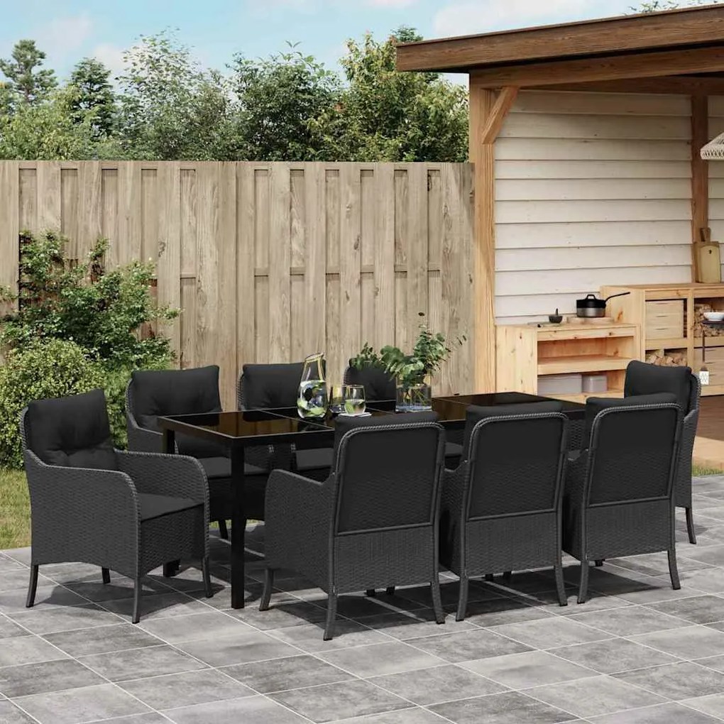 Conjunto de Jantar de Jardim com Almofadas Preto Rattan Poliéster