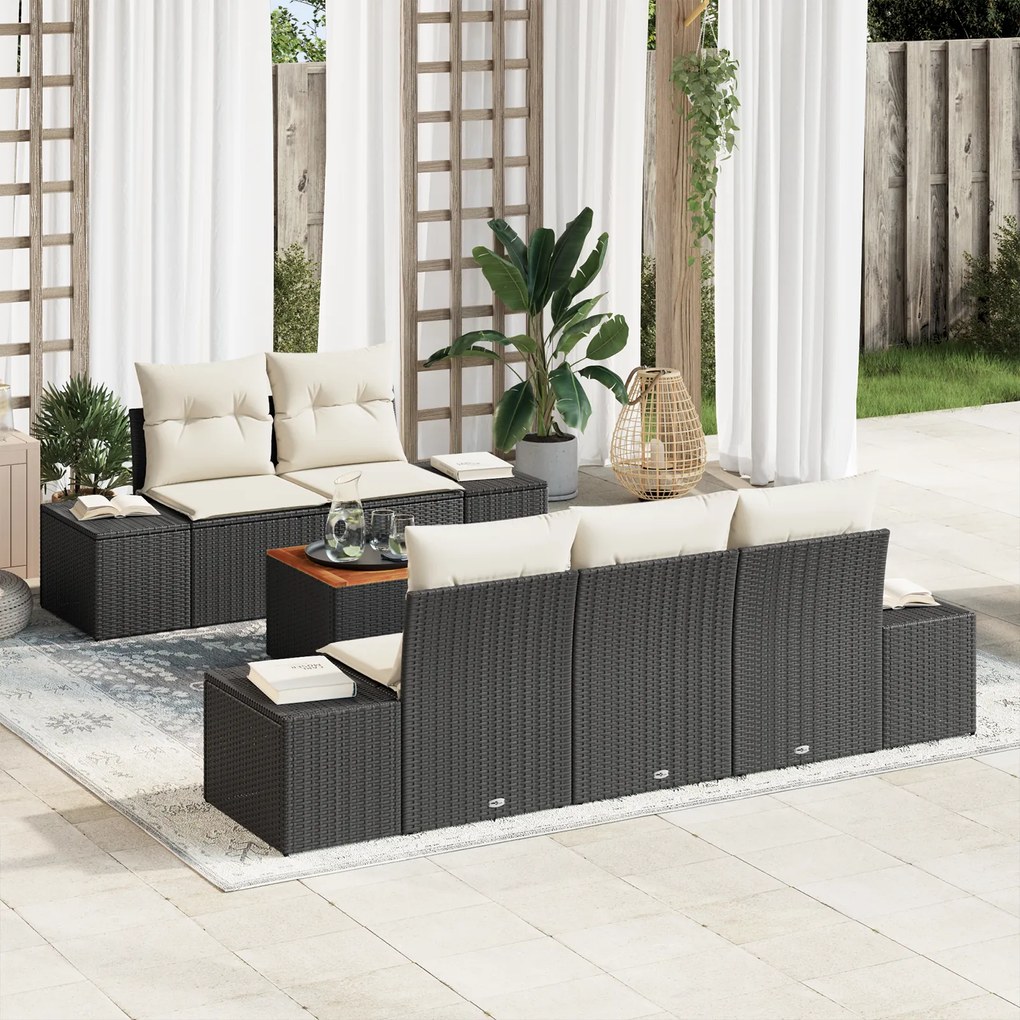 Conjunto de Sofá de Jardim de 6 Peças com Almofadas Preto Rattan Polié