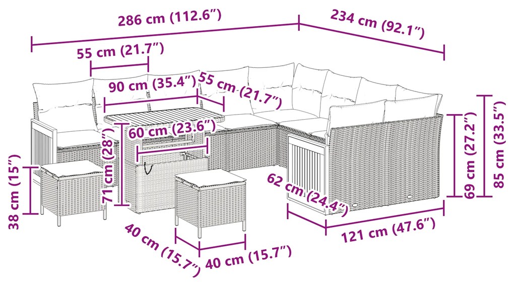 Conjunto de Sofá para Jardim vidaXL com 12 Peças e Almofadas Preto Vim