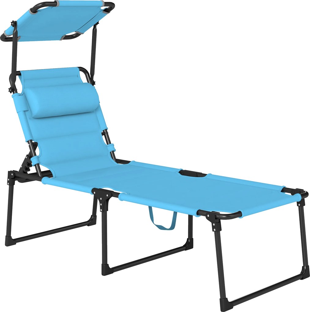Outsunny Espreguiçadeira Jardim Dobrável com Toldo Ajustável Encosto Regulável em 4 Níveis Apoio de Cabeça 70x200x45 cm Azul Claro | Aosom Portugal