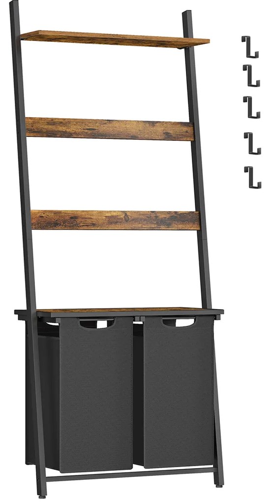 Cesto de roupa com 2 secções e escada para cobertores. | VASAGLE | 73 x 33 x 177 cm | castanho rústico e preto | BLH221B01.
