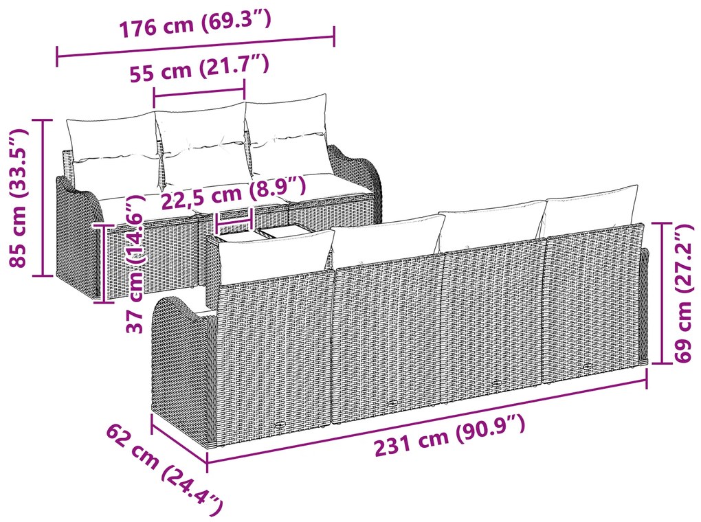 Conjunto de Sofás de Jardim vidaXL de 8 Peças com Almofadas Preto Ratt