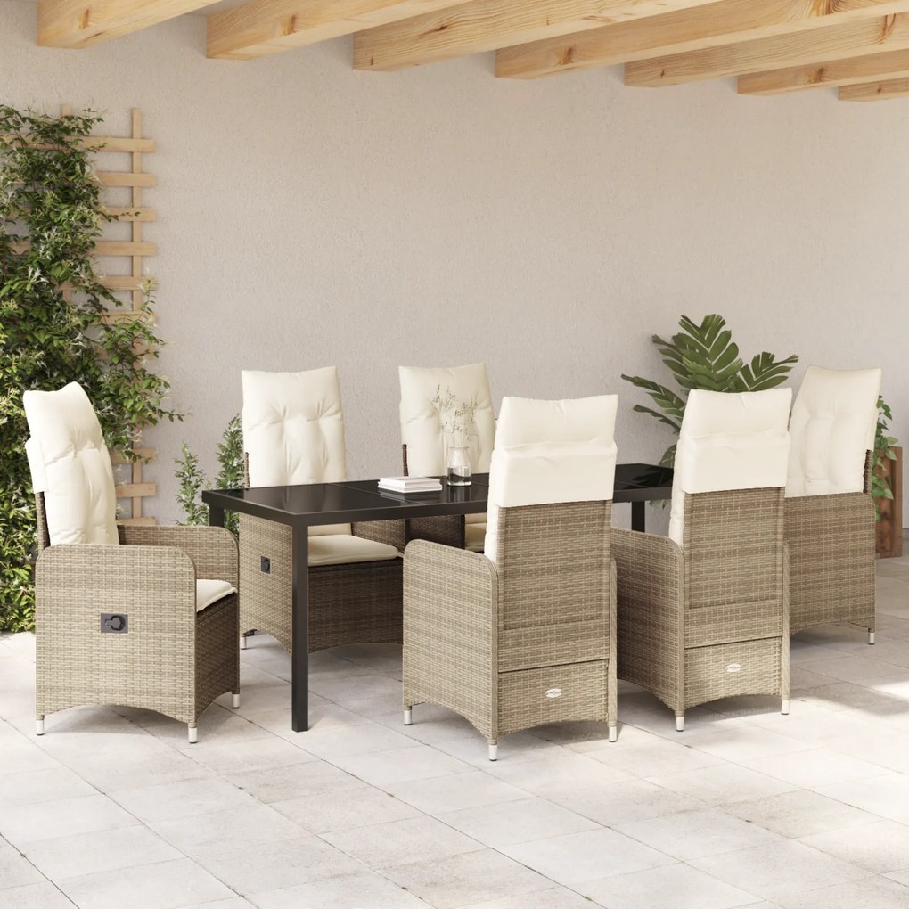 Conjunto de Jantar de Jardim de 7 Peças com Almofadas Bege em Vime Pol