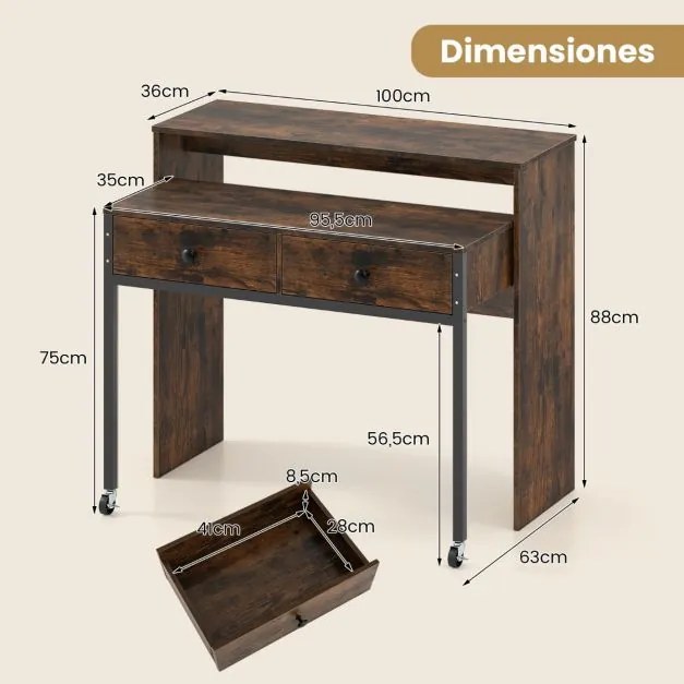 Secretária extensível, mesa pequena para computador com 2 gavetas e rodas100 x 63 x 88 cm Castanho