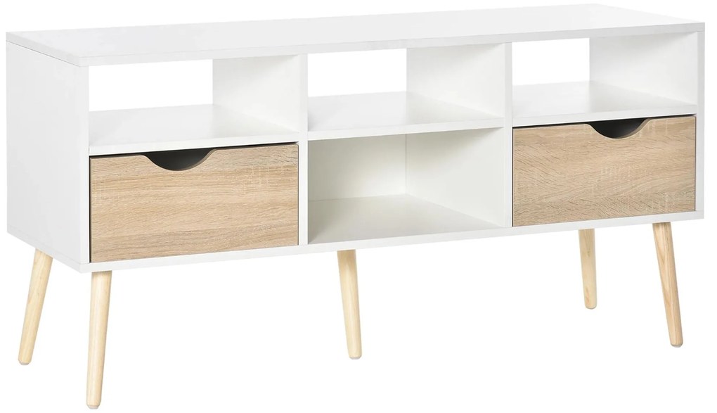 HOMCOM Móvel de TV com 2 Gavetas e 4 Compartimentos Pés de Madeira Dispositivo Anti Rolamento para Sala de Estar 117x39x57cm Branco e Madeira Natural