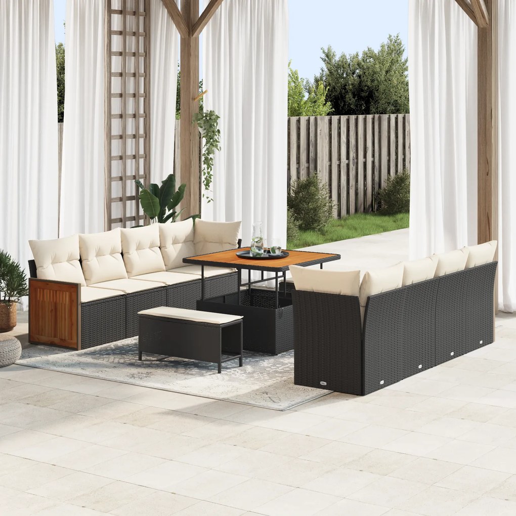 Conjunto de Sofá Jardim de 11 Peças com Almofadas Preto Rattan Poly Acácia