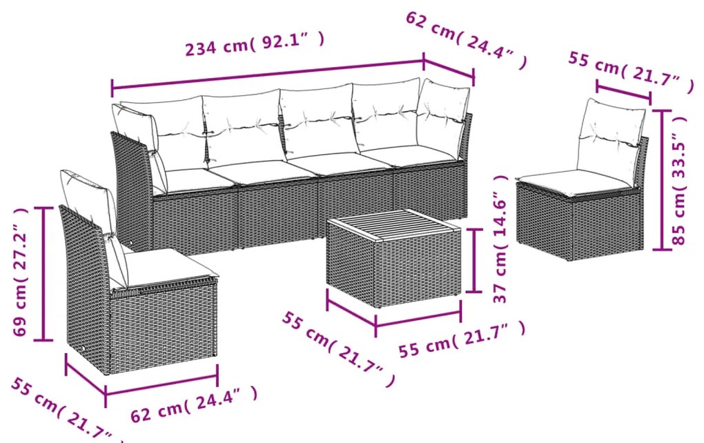 7 pcs conjunto sofás p/ jardim c/ almofadões vime PE cinzento