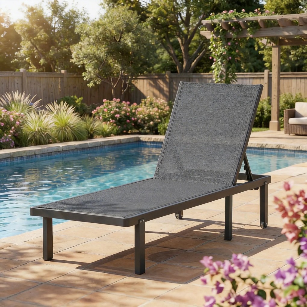 Espreguiçadeira de jardim com Rodas, reclinável em 4 posições até ficar totalmente na horizontal, em Textilene 530 g/m², cinzento escuro