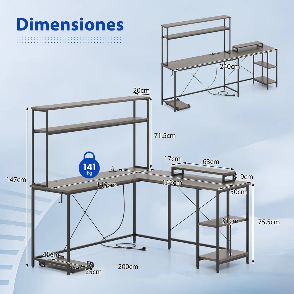 Secretária 145 x 145 x 147 cm em forma de L convertível com tomadas e portas USB e iluminação inteligente cinzento
