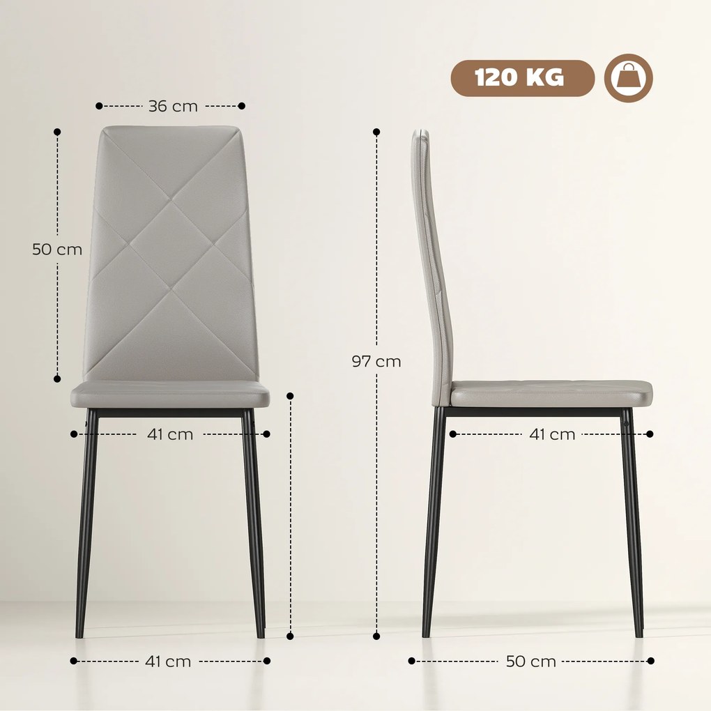 Conjunto de 4 Cadeiras de Sala de Jantar Estofadas em Couro Sintético (MESA NÃO INCLUÍDA) com Encosto Alto e Pés de Aço 41x50x97 cm Cinza