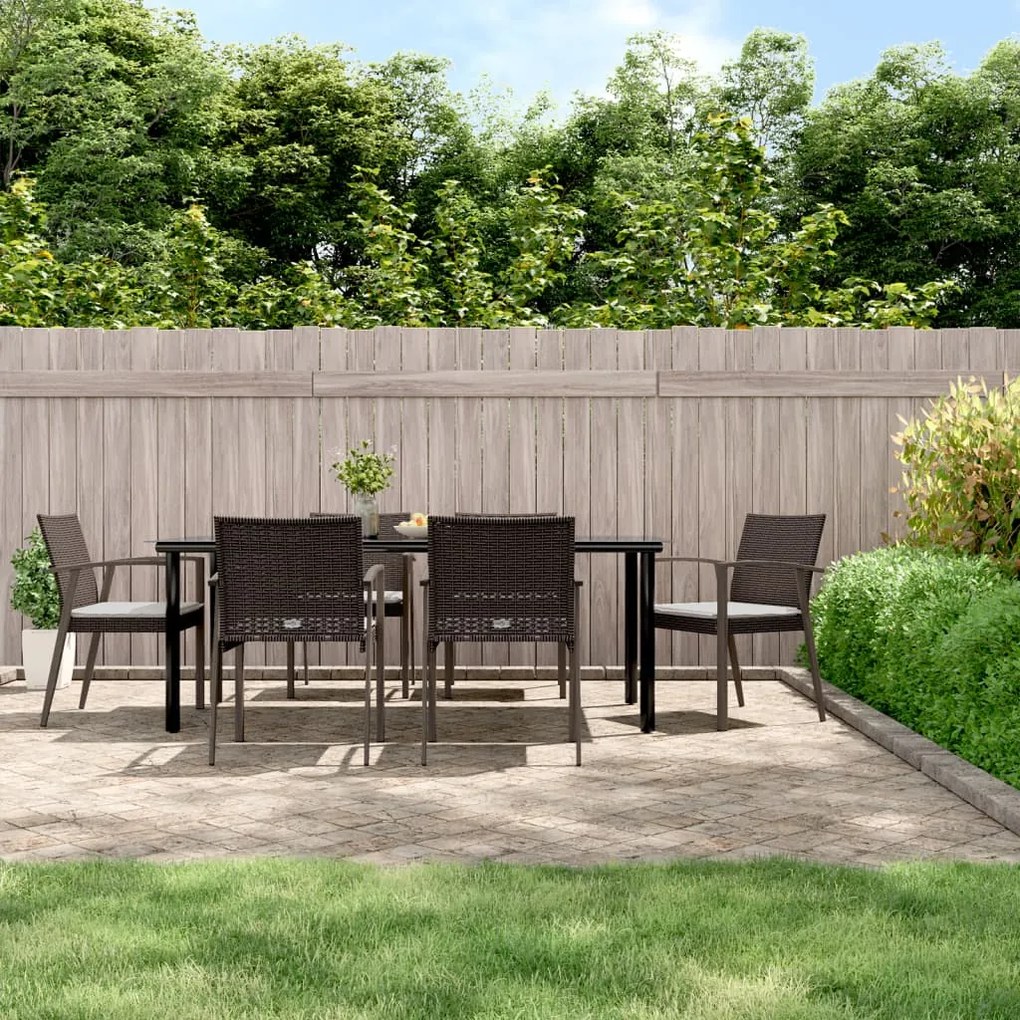 vidaXL 7 pcs conjunto de jantar p/ jardim c/ almofadões vime PE e aço
