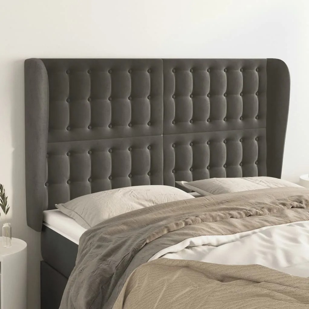 vidaXL Cabeceira cama c/ abas veludo 147x23x118/128 cm cinzento-escuro
