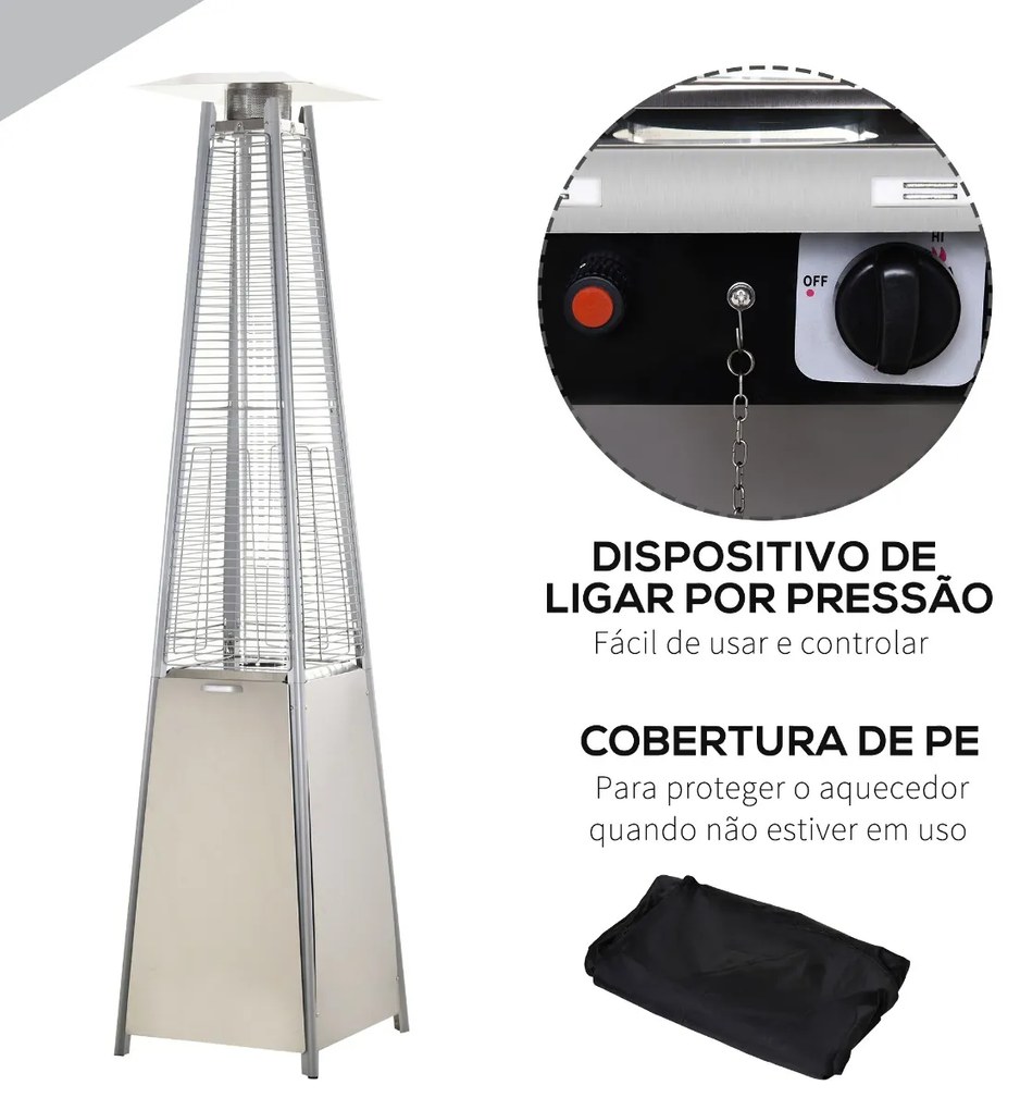 Aquecedor a Gás para Exterior Pirâmide 10,5KW Aquecedor de Exterior de Propano Aço Inoxidável com Funda Protetora Regulador Mangueira e Rodas