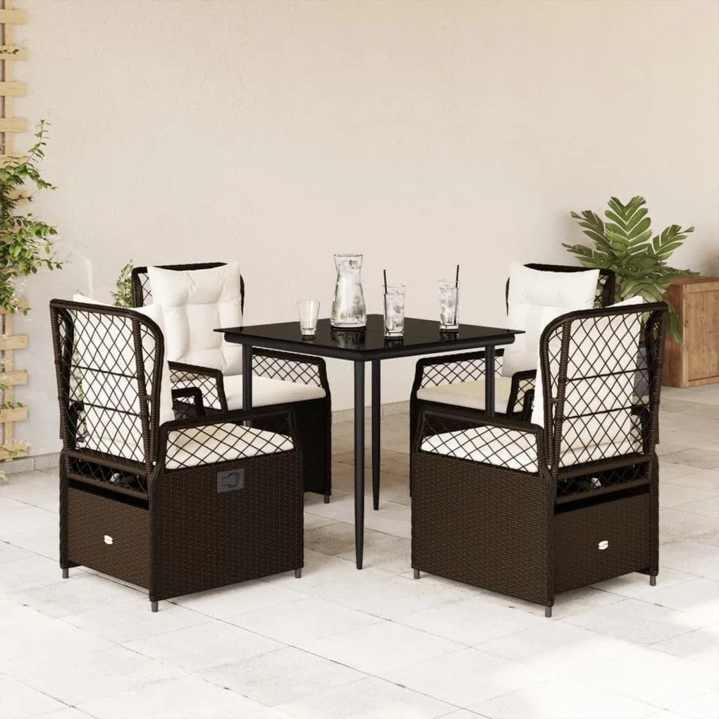 vidaXL 5 pcs conjunto jantar p/ jardim c/ almofadões vime PE castanho