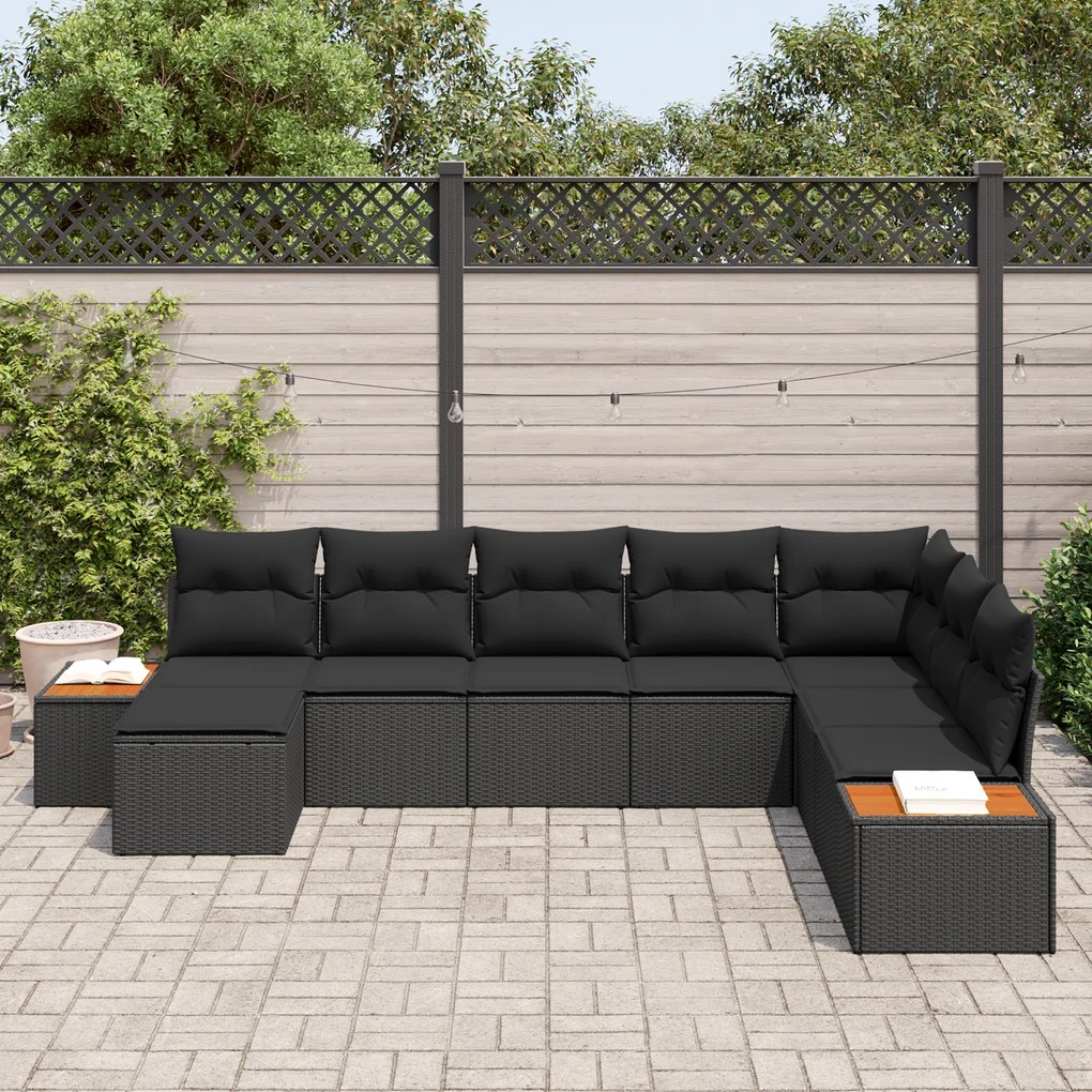 Conjunto de Sofás de Jardim de 8 Peças com Almofadas Preto Vime PE Acá