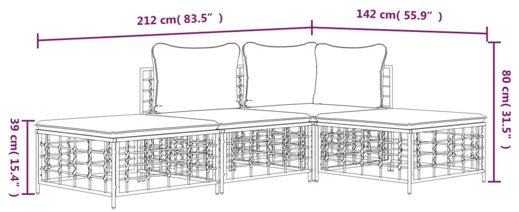 4 pcs conjunto lounge de jardim c/ almofadões vime PE antracite