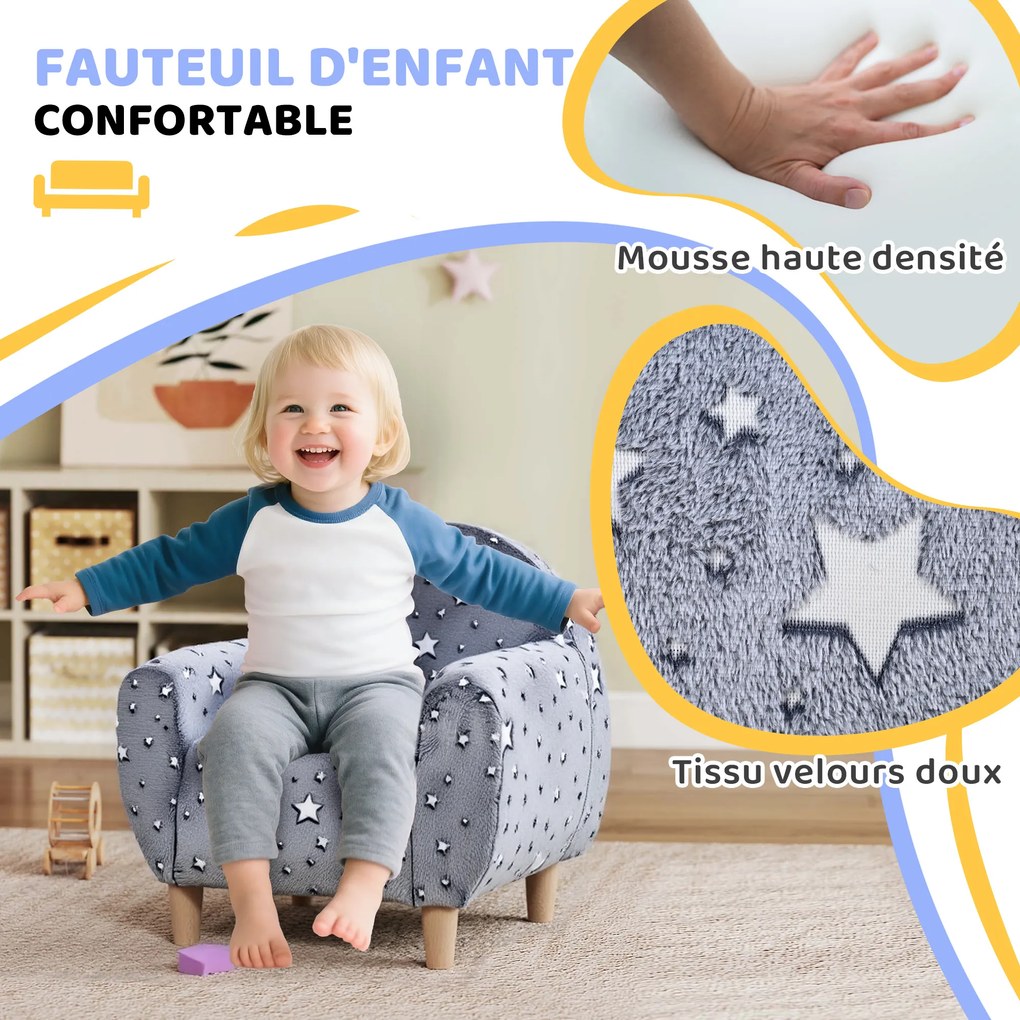 Poltrona infantil fosforescente com padrão de estrelas, tecido de veludo cinzento