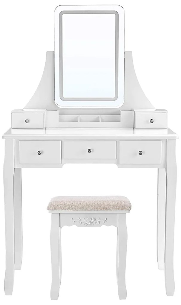 Penteadeira VASAGLE com iluminação LED em 3 cores, penteadeira com espelho giratório 360°, mesa de cosméticos com banco acolchoado, 5 gavetas, organizador de maquiagem removível, branco RDT25WL