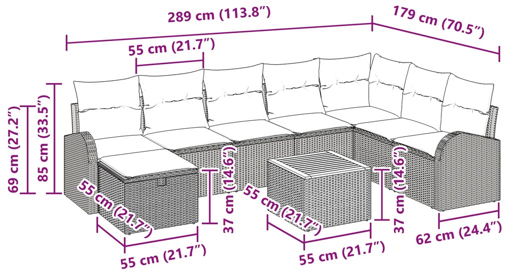 Conjunto de Sofá de Jardim de 9 Peças com Almofadas Preto Rattan Polié