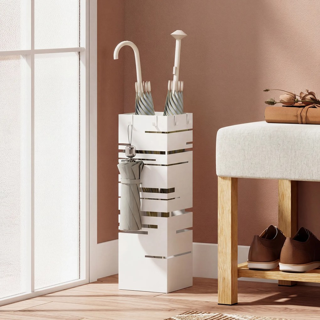 Suporte para Guarda Chuva Metálico com 4 Ganchos e Bandeja de Recolha de Gotas Removível  15,5x15,5x49 cm Branco