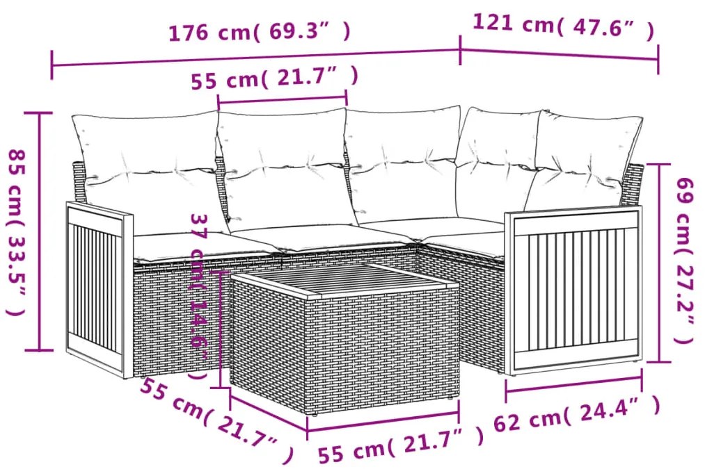 5 pcs conjunto sofás de jardim c/ almofadões vime PE cinzento