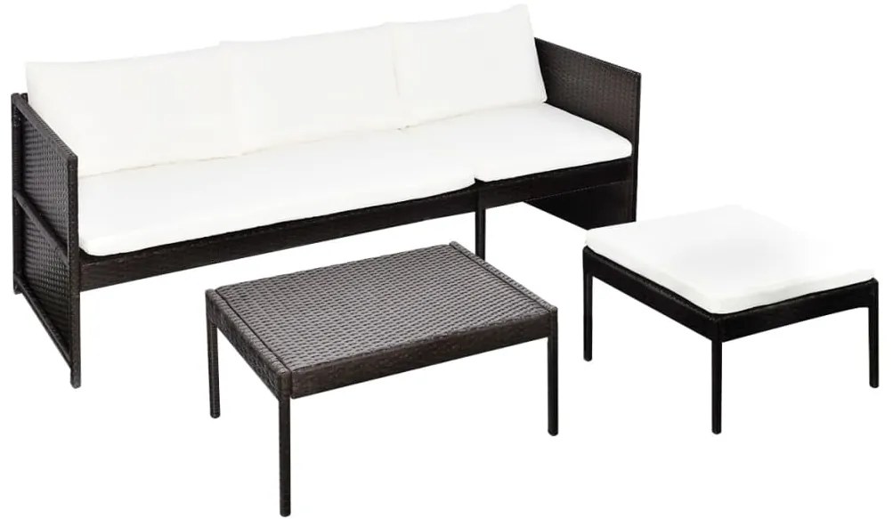 3 pcs conjunto lounge jardim c/ almofadões vime PE castanho