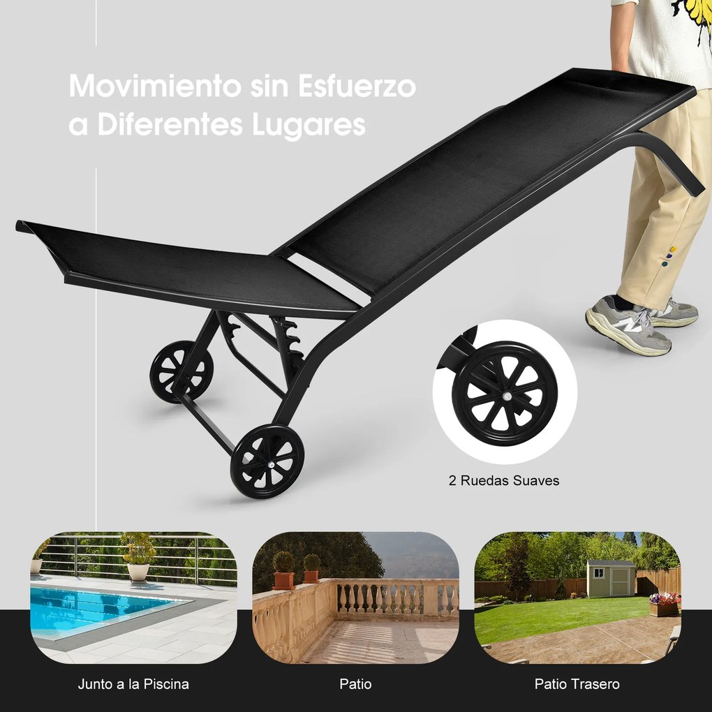 Conjunto de 2 espreguiçadeiras com rodas, tecido de secagem rápida e encosto reclinável em 6 posições, para exterior, piscina, pátio e jardim, Pretas