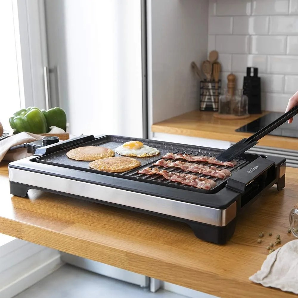 Grelhador elétrico com acabamento em aço inoxidável Tasty&Grill 2000 Inox MixStone, termóstato regulável, placa antiaderente