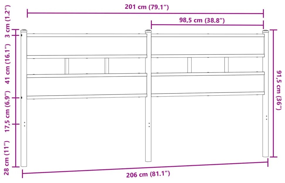 Cabeceira de cama 200cm derivados madeira/aço carvalho castanho