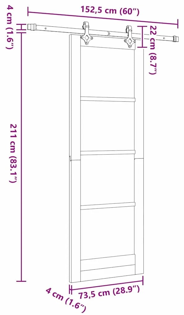 Conjunto de Porta Deslizante vidaXL 73.5x211 cm Madeira Maciça de Pinh