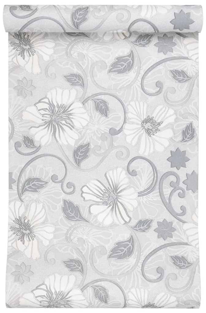 Papel parede 3D c/ padrão flores 10x0,53 m não-tecido cinza