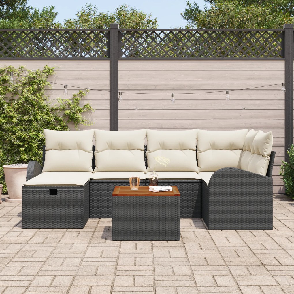 Conjunto de Sofá de Jardim de 7 Peças com Almofadas Preto de Rattan Po