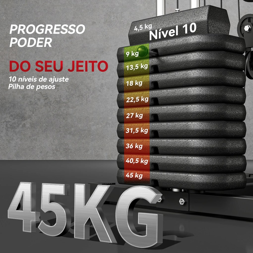 Máquina de Musculação com Pesos Ajustáveis de 45 kg, Press de Peito e Pernas, Polia 135x103x210 cm, Preto