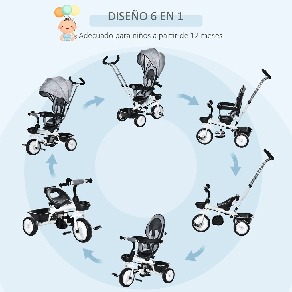 HOMCOM Triciclo para Bebé 2 em 1 Triciclo Evolutivo para Crianças de 1-5 Anos com Capô Dobrável Guiador Telescópico Grade de Proteção Removível e Apoio para os Pés 100x48x106cm Cinza