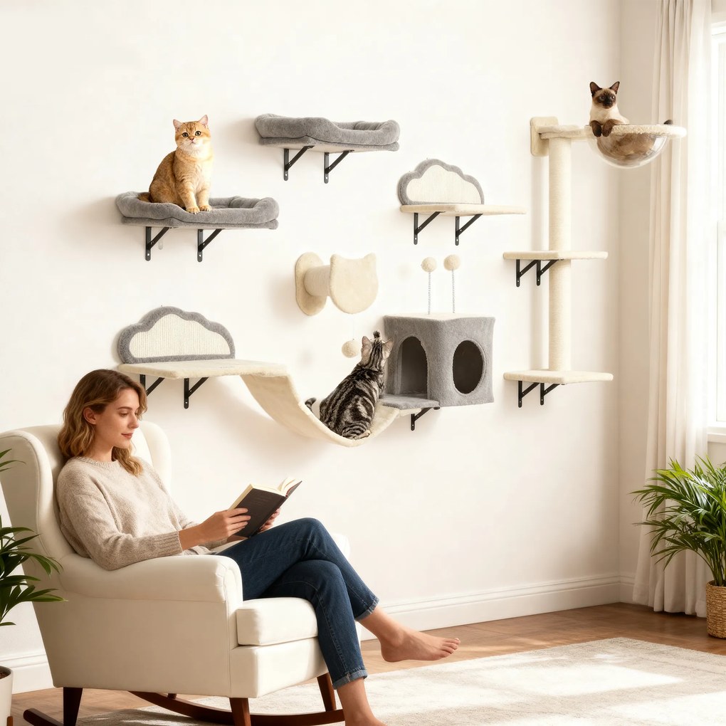 Prateleiras de parede para gatos, conjunto de móveis de parede de 6 peças, rede de bolhas em acrílico, compartimentos abertos, rede e escada bege, cin